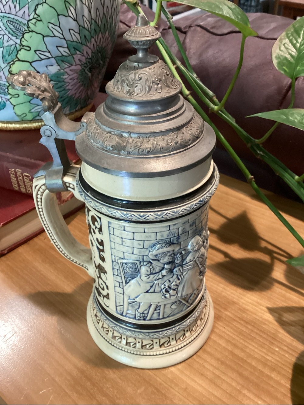 Vintage Relief Ceramic Beer Stein with Pewter Lid - Cream and Blue